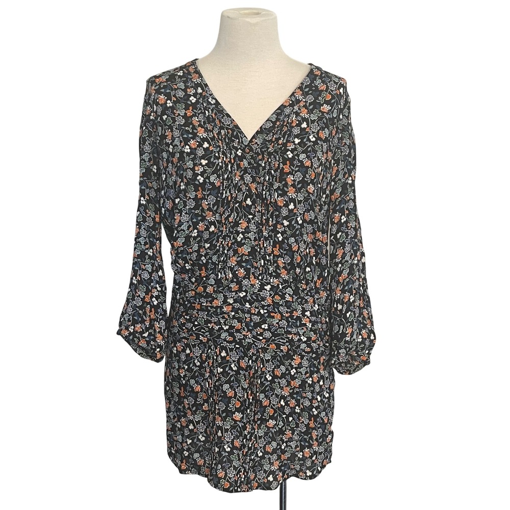 Veronica Beard Garden Floral Print Mini Dress V Neck‎ Long Sleeve Black Size 2